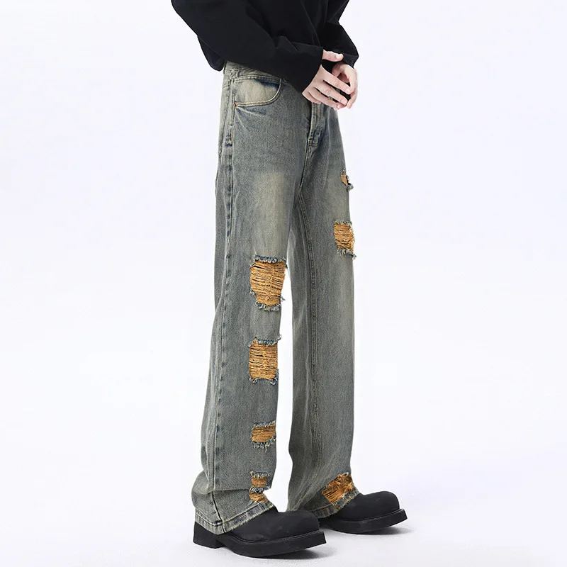 【Mirrordust】 Jeans da uomo con toppe strappate lavate in stile americano, design primaverile e autunnale, pantaloni larghi larghi vintage High Street