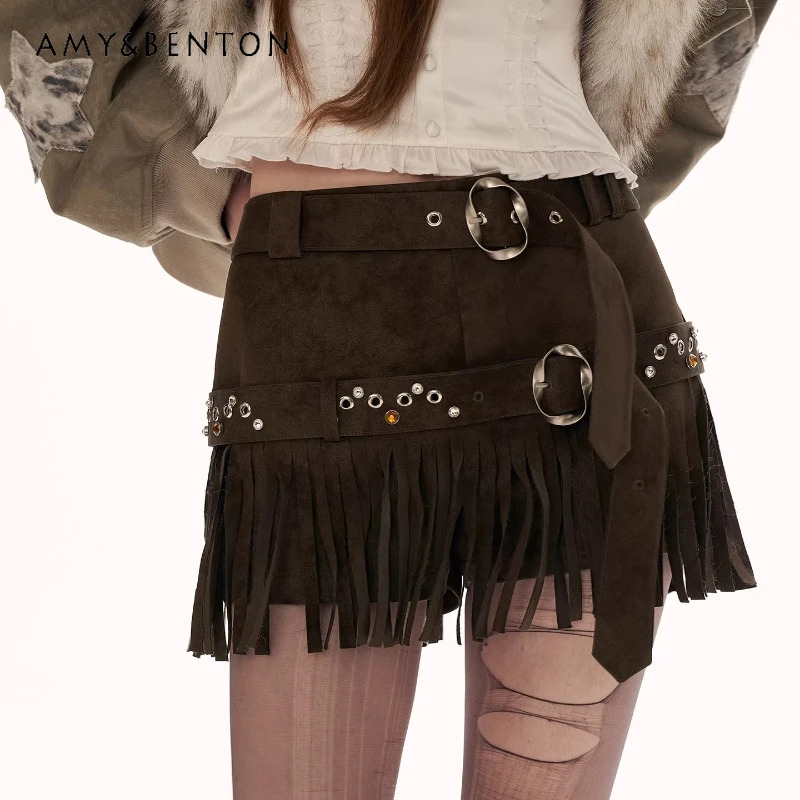 

American Retro Design Suede Tassel Women's Shorts 2025 Autumn Winter New Brown High-end Fashion Versatile Casual Pants Ladies
