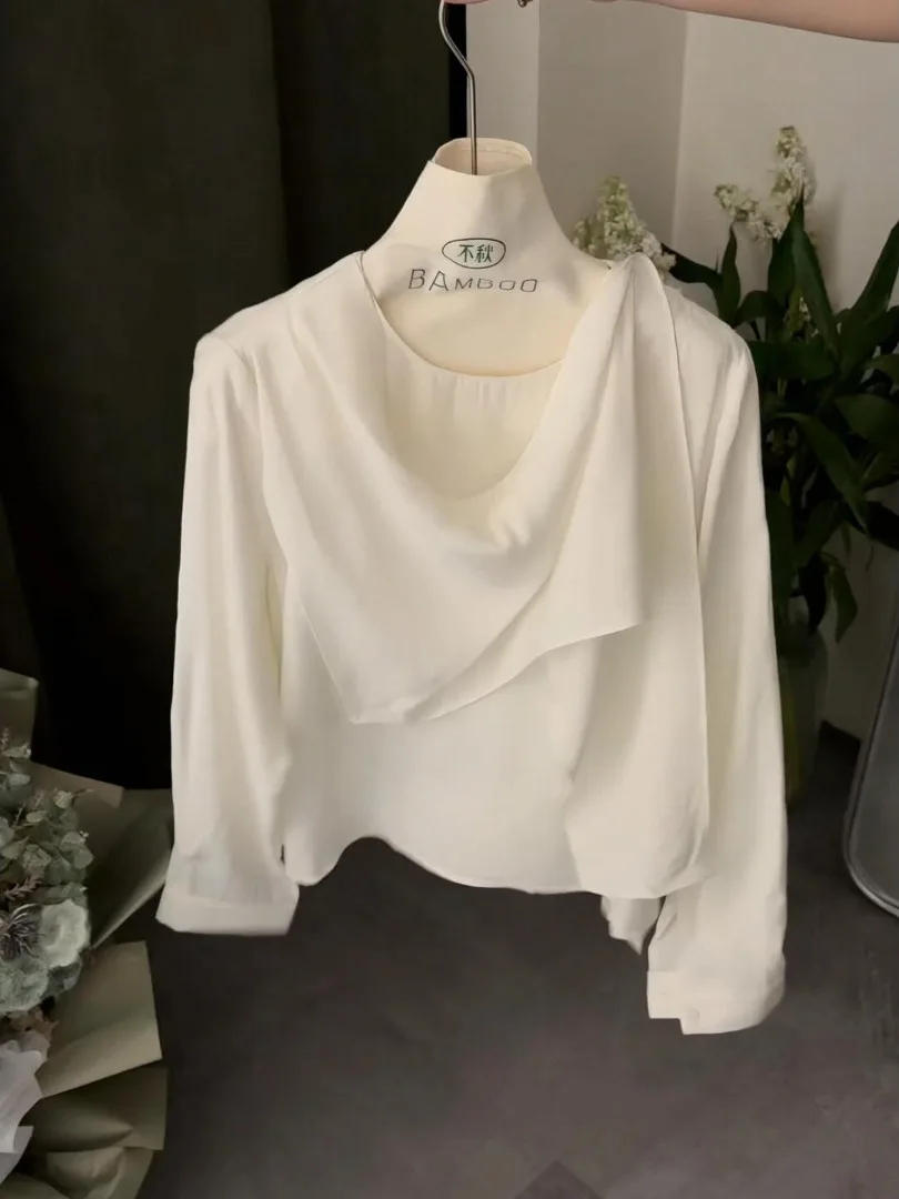 

French Style White Long Sleeve Shirt Women's Spring Design Loose Lantern Sleeve Commute Top Breathable Cotton Polyester