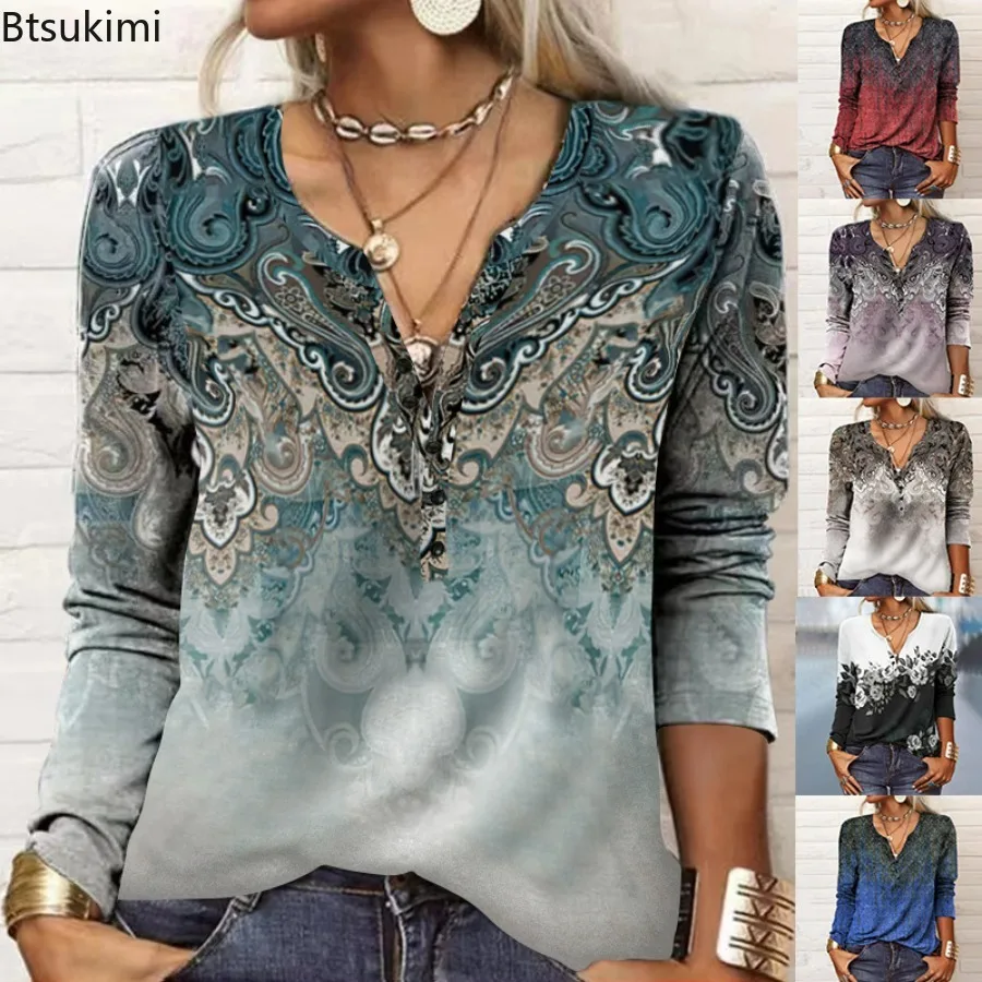 

2024 Women's Bohemian T-shirt Spring Autumn V Neck Casual Vintage Long Sleeve Tops Oversize Button Printed Pullover Shirt Top