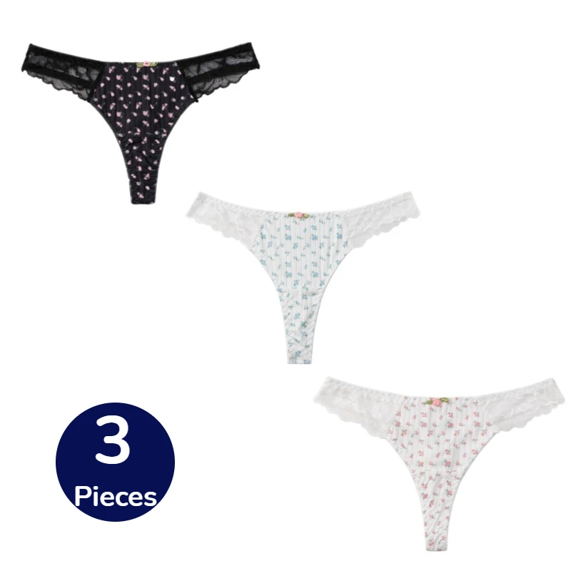 BZEL 3-teiliges Set Blumen-Damenslips Süße Modische Tiefsitzende Tangas Weiche Damen-G-Strings Atmungsaktive Komfortable T-Backs Bestseller
