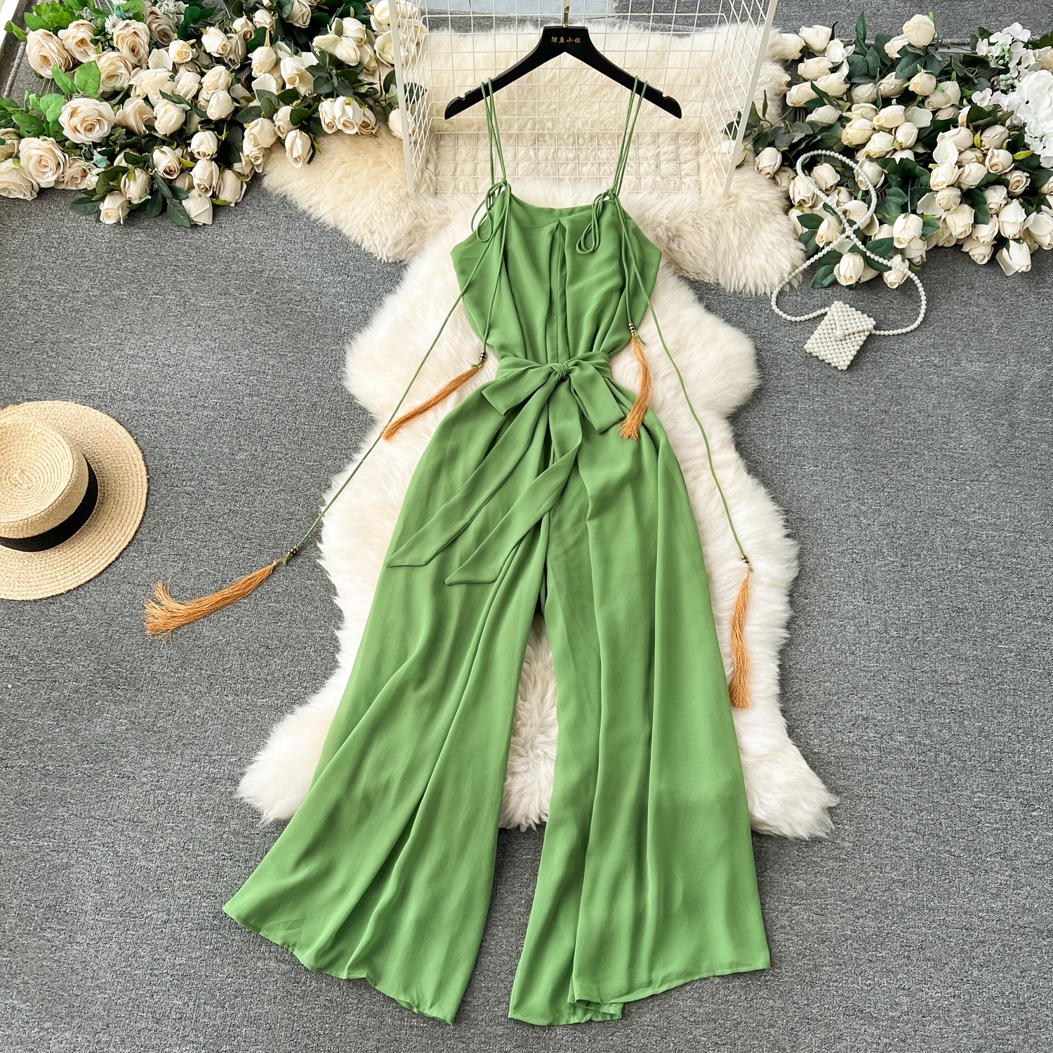 Fashion Women Green Sleeveless Jumpsuits Temperament Tassel Bandage Spaghetti Strap Wide Leg Pants Leisure Beach Jumpsuits