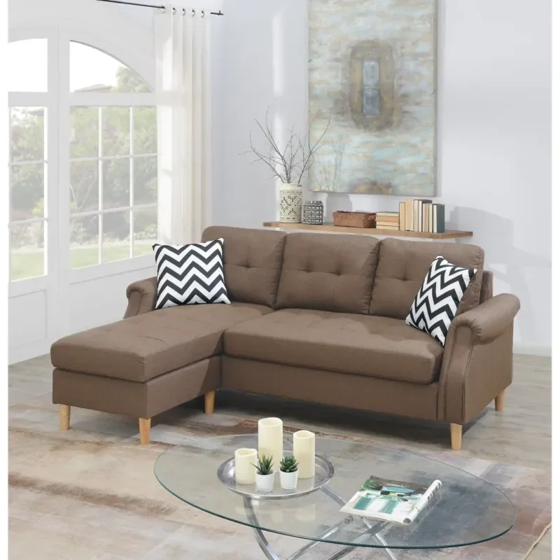 #DB Living Room Reversible L-Shaped 3-Seater Chesterfield Sofa Light Coffee Polyfiber Chaise Sectional Corner Corner Sectional