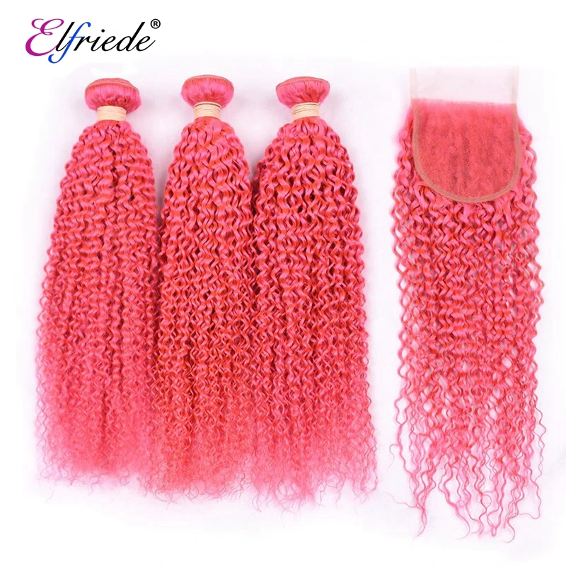 Elfriede Rose Pink Kinky Curly Hair Bundles with Closure Brazilian Remy 100% Human Hair Weaves 3 Bundles with Lace Closure 4x4