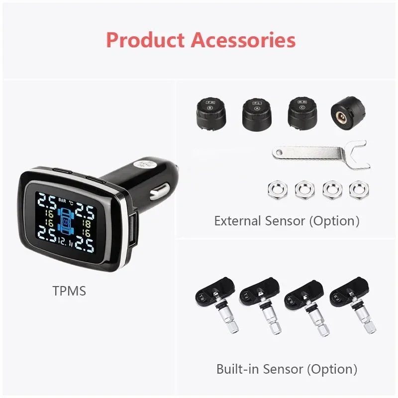 Car TPMS Cigarette Lighter Digital Tire Pressure Monitoring System Sensors USB Port Security Alarm decoration accessories tool