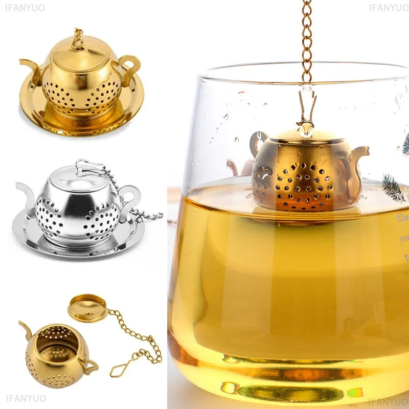

Stainless Steel Teapot Shape Tea Strainer Teapot Shape Loose Tea Infuser with Tray Herbal Spice Filter Kitchen Teaware Supplies