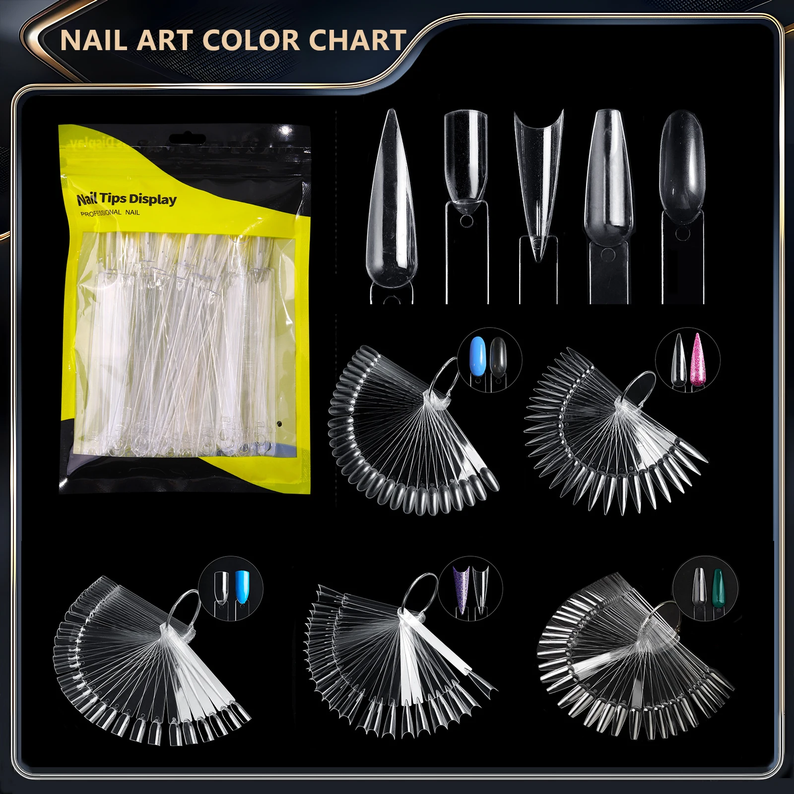 Fan Shape Nail Polish Display Card, Acrylic Nail Tip Color Practice Palette with Ring for Nail Art Training