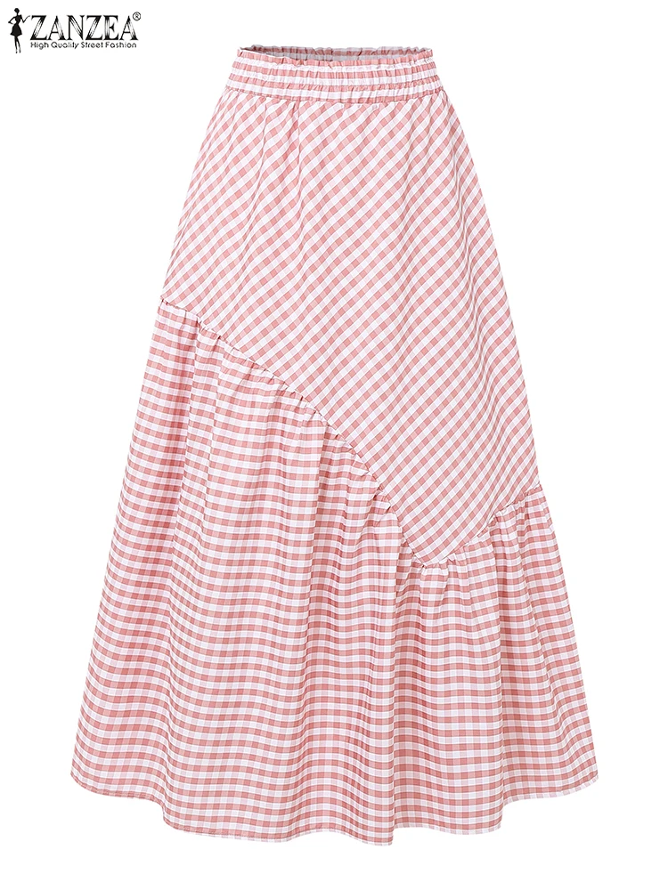 

ZANZEA Summer Casual Elastic Waist A-line Faldas Saia Fashion Women Checked Long Skirt Holiday Sundress Loose Work Skirts Jupe