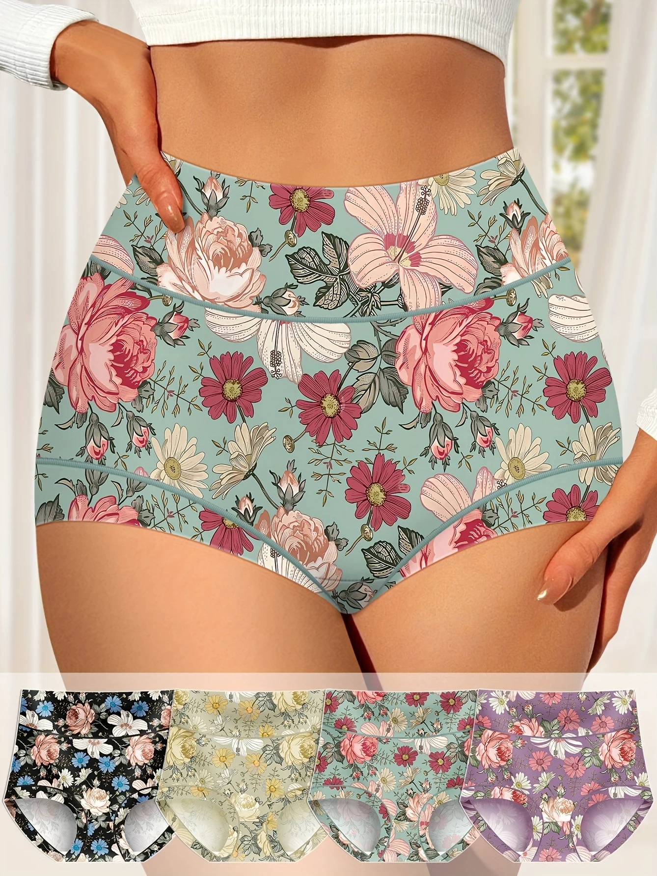 4-teilige Damen-Slips mit hoher Taille – Übergröße, Blumendruck, Bauchkontrolle und Po-Lifting, bequeme Passform, dehnbar