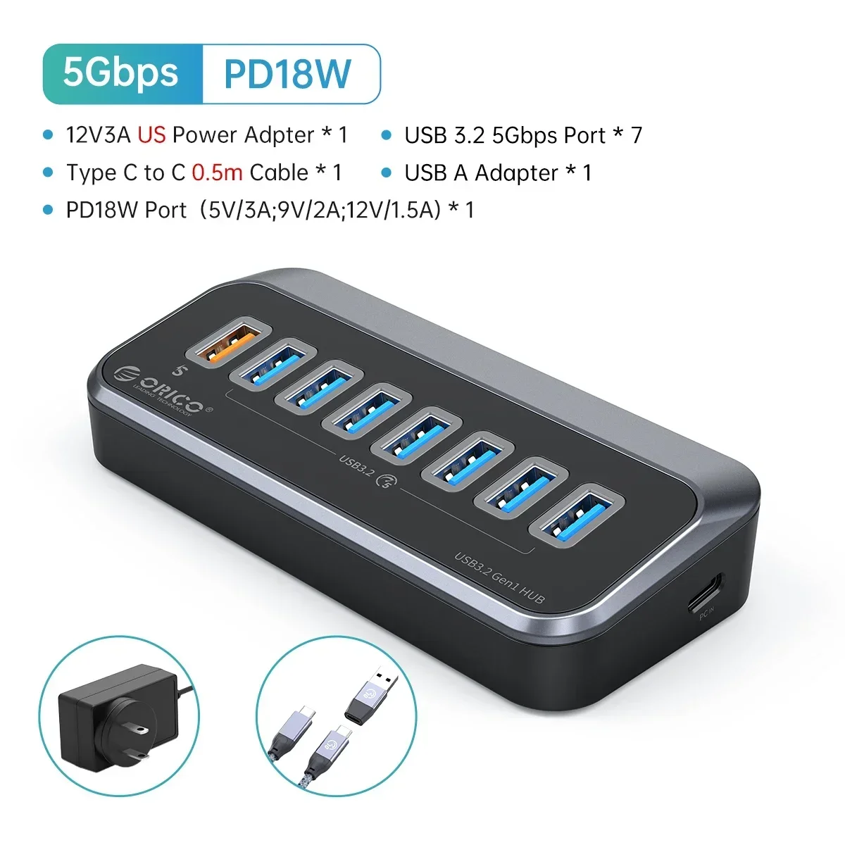 ORICO ABS Aangedreven 5Gbps HUB PD18W Oplaadbare USB 3.2 Type C Hub Kaartlezer Splitter Met Stroomadapter voor Desktop PC Accessoires