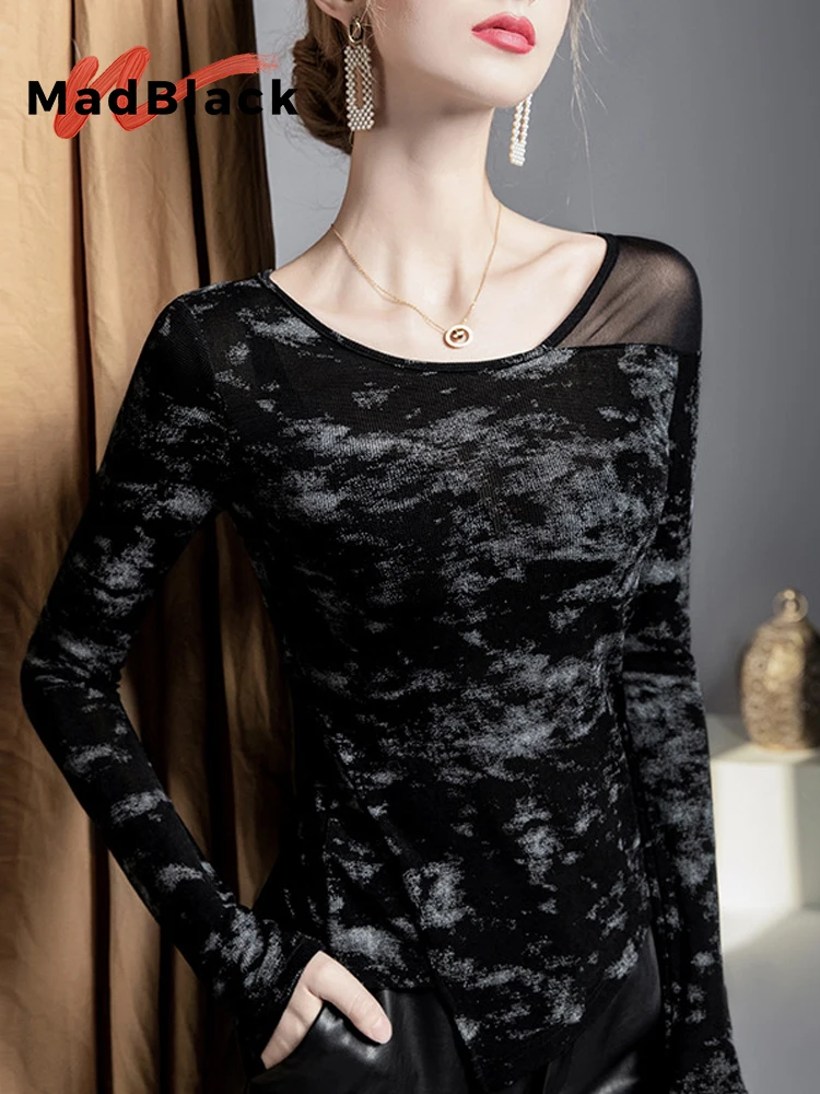 

MadBlack-Women's European T-Shirt, Sexy O Neck Halo Printing, Fashion Long Sleeve Slim S-3XL Mesh Tee, 2025 Autumn New T5O570CC