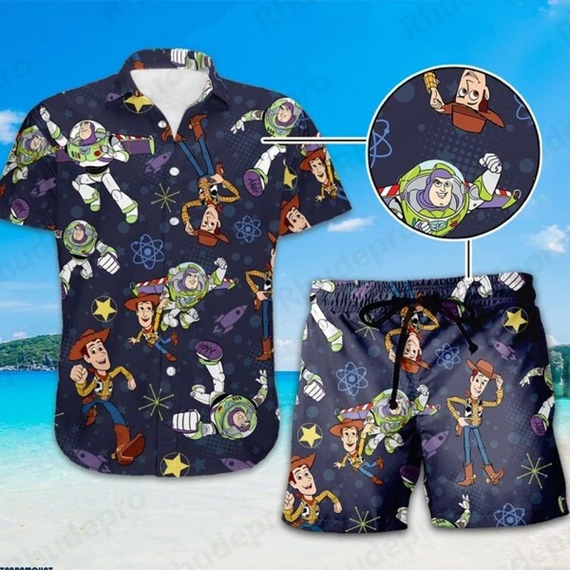 

Disney Woody Hawaiian Shirt Shorts Set Toy Story Buzz Lightyear Summer Men's Women's Casual Short Sleeve Beach Shirt Suit