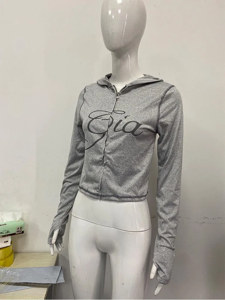 Letter Printed Peplum Casual Long Sleeve Top Street Harajuku Aesthetic Fashion Gothic Vintage Zip Hoodie Y2k Clothing