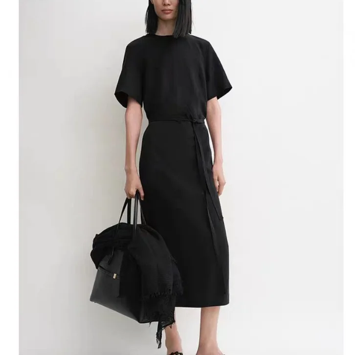 Dave&di Summer Minimalist Hanging Lace Up Waist Slimming Short Sleeved Dress Woman Clothes Dress Elegant Party Dresses Vestidos