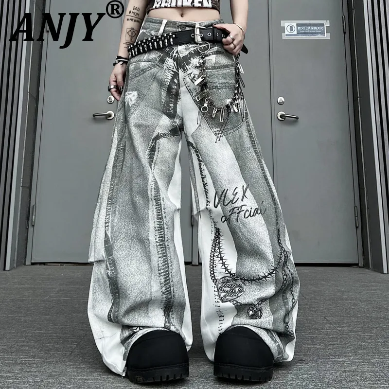 

ANJY Spring Autumn New Women American Style Ins 3D Digital Print Loose Jeans Y2K Pleated High Street Wide-Leg Denim Pants A21206