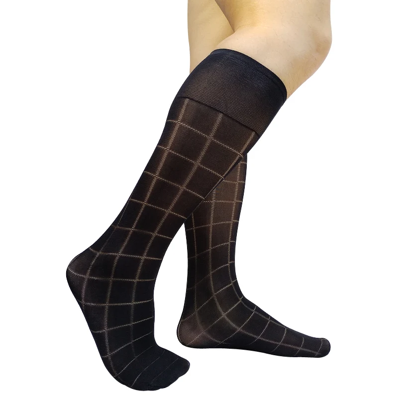 See Through Mens Dress Suit Socks Black Sheer Plaid Knee High Long Tube Sexy Stocking For Male Formal Socks Business Gifts