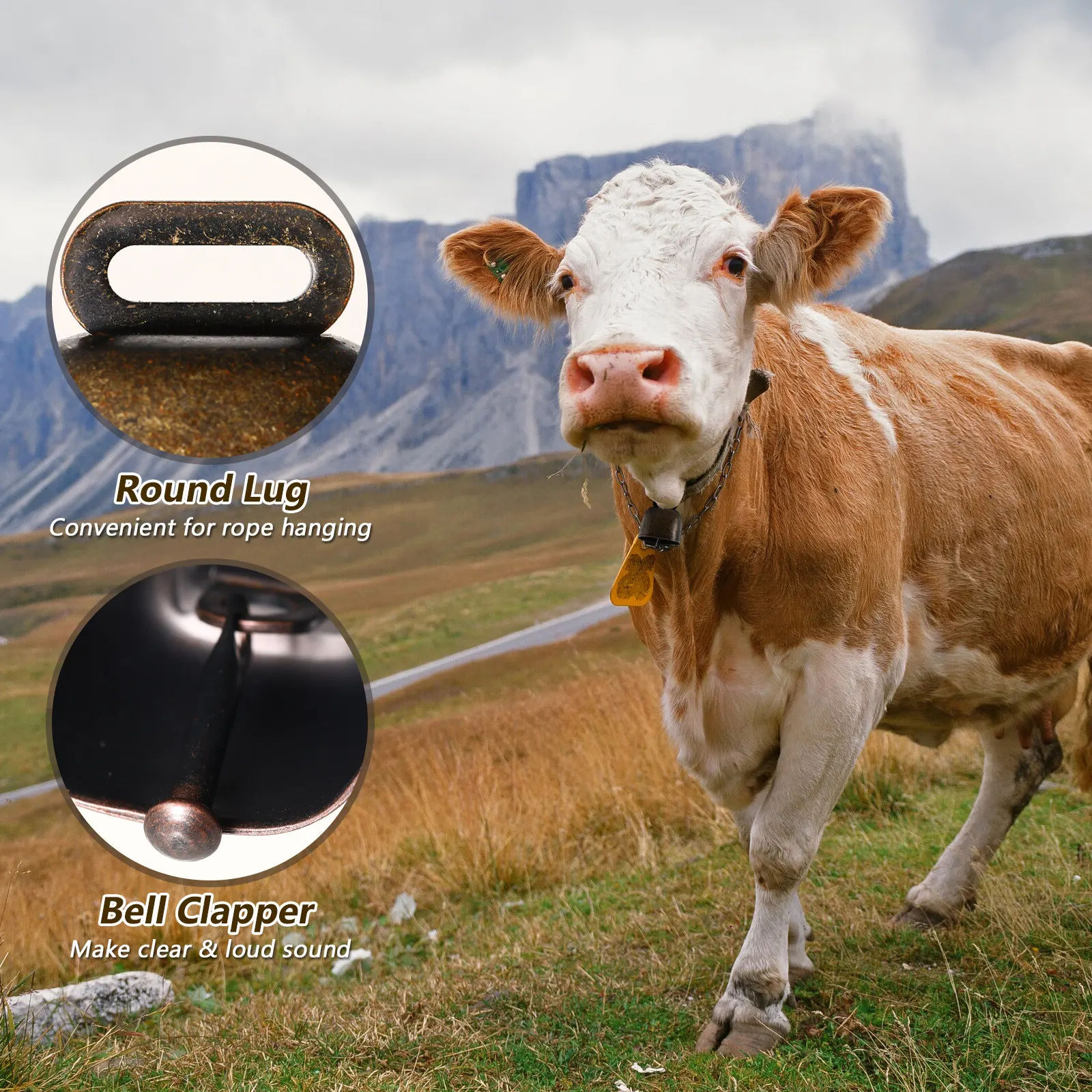 2Pcs Premium Iron Cow Bells with Crisp Long-Distance Sound Rust-Resistant Vintage Bronze Finish Hanging Animal Bells for Grazing