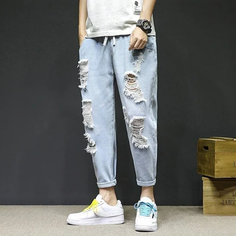 Loose Male Cowboy Pants Cropped Trousers Ripped Broken with Holes Men\'s Jeans Baggy Torn Japanese Street Style Korean 2024 Trend