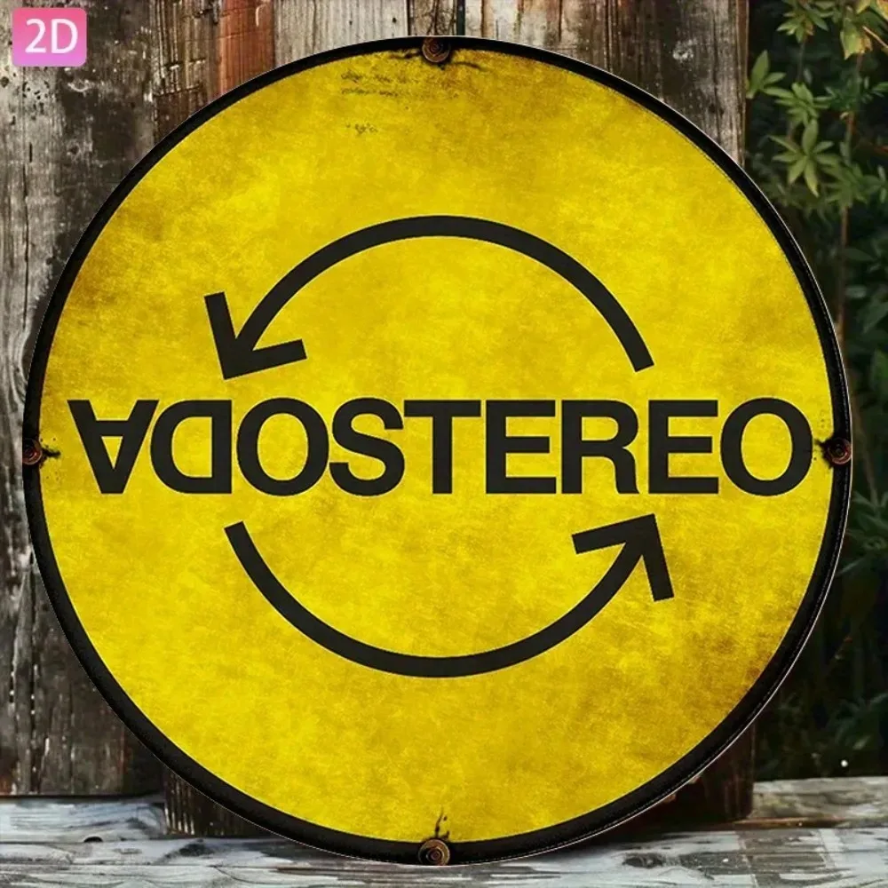Soda Stereo Band Logo Rundes Metallschild, 2D-Flachdruck Vintage Gelb Distressed Wandkunst, Rockmusik-Fan Deko Blechschild