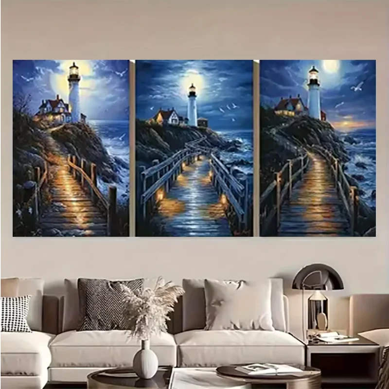 

Набор для алмазной вышивки «Ночной пейзаж морского маяка», 3 картины, полный квадратный алмазный рисунок, DIY, алмазная мозаика, вышивка крестом