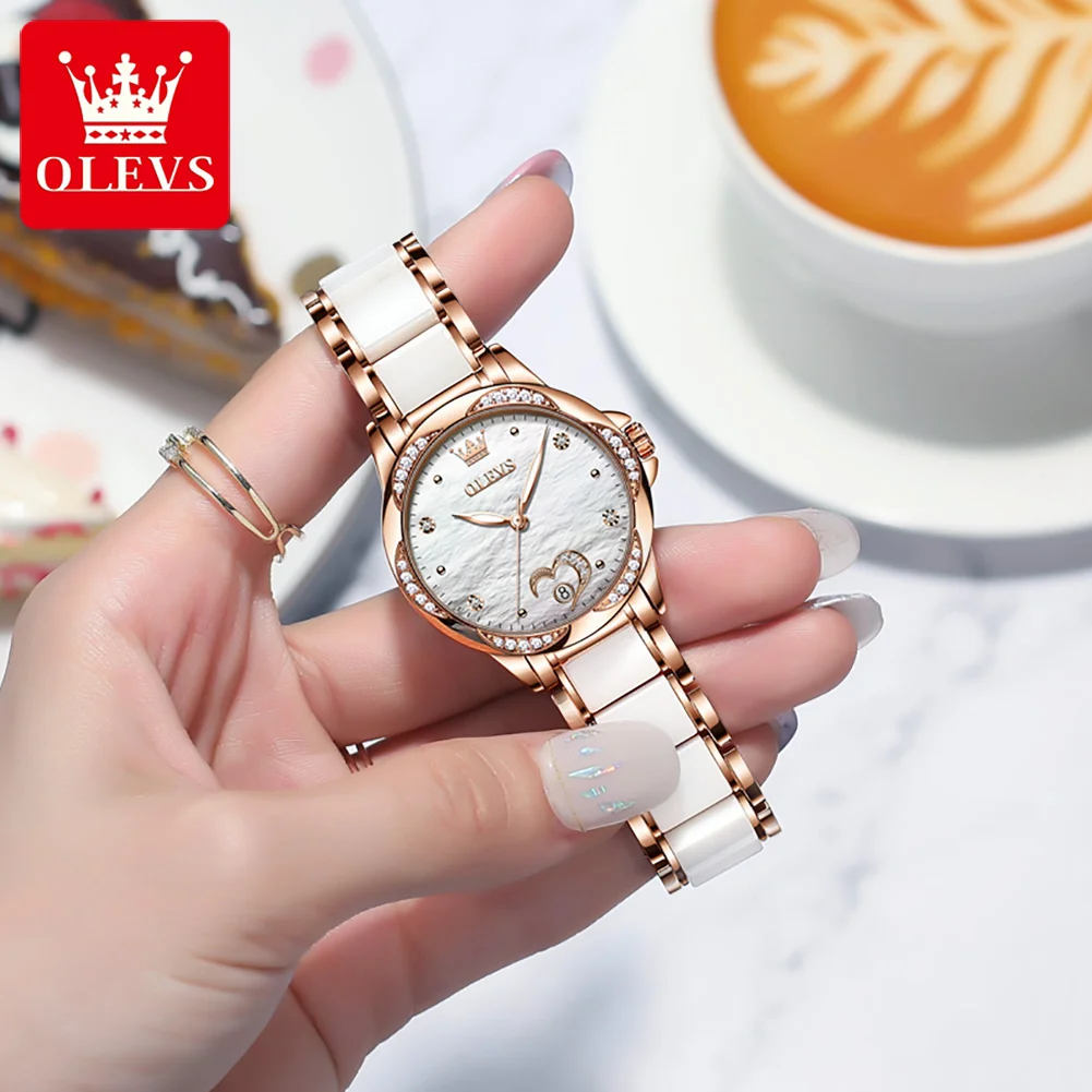 OLEVS 6631 Fashion Heart Design Diamond Bezel Ceramics Strap Ladies Mechanical Wristwatch Set Original Automatic Watch for Women