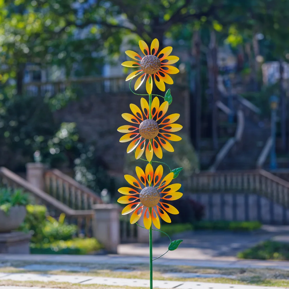 Sunflower Windmill Metal Rotating Sunflower Wind Spinner with Stake Standing Lawn Flower Pinwheel Outdoor Garden Decor Kids Toys