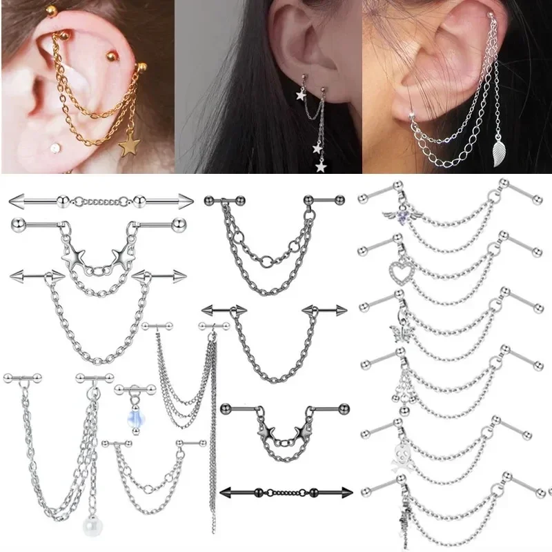 

Double Piercing Chain Stud Earring Industrial Piercing Chain Earrings Tassel Cartilage Helix Jewelry Connected Stud Earring Lobe