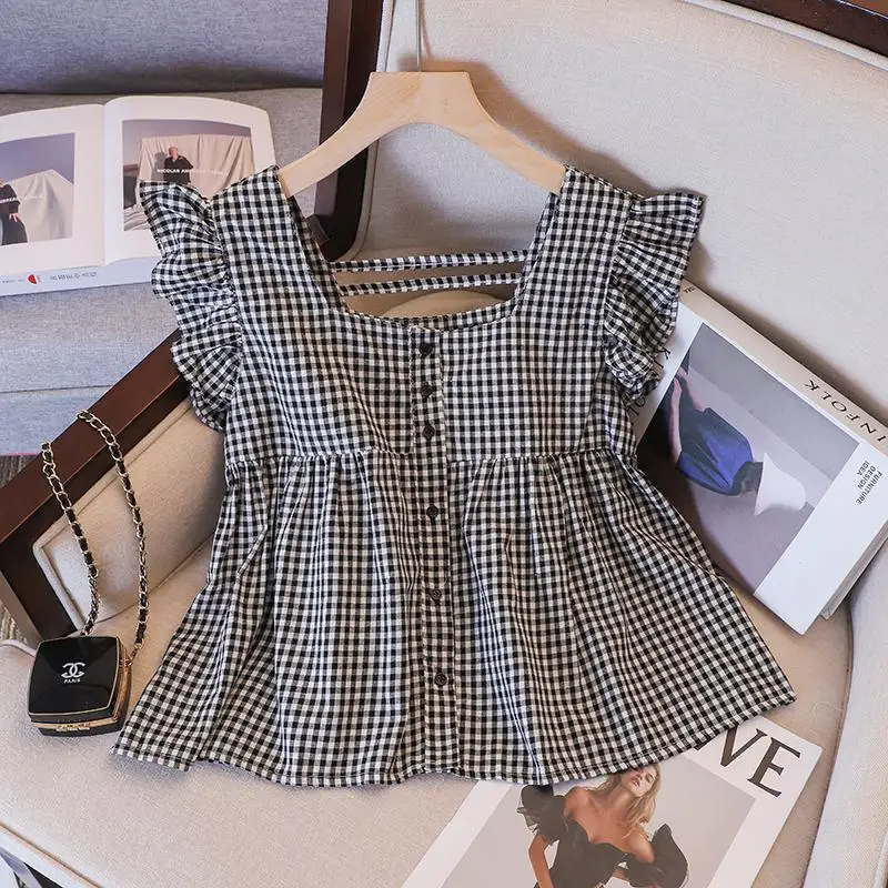 

2025 New Stylish Sweet and Breathable Plaid Shirt with Stylish Bell Sleeves for Children's Summer Tops