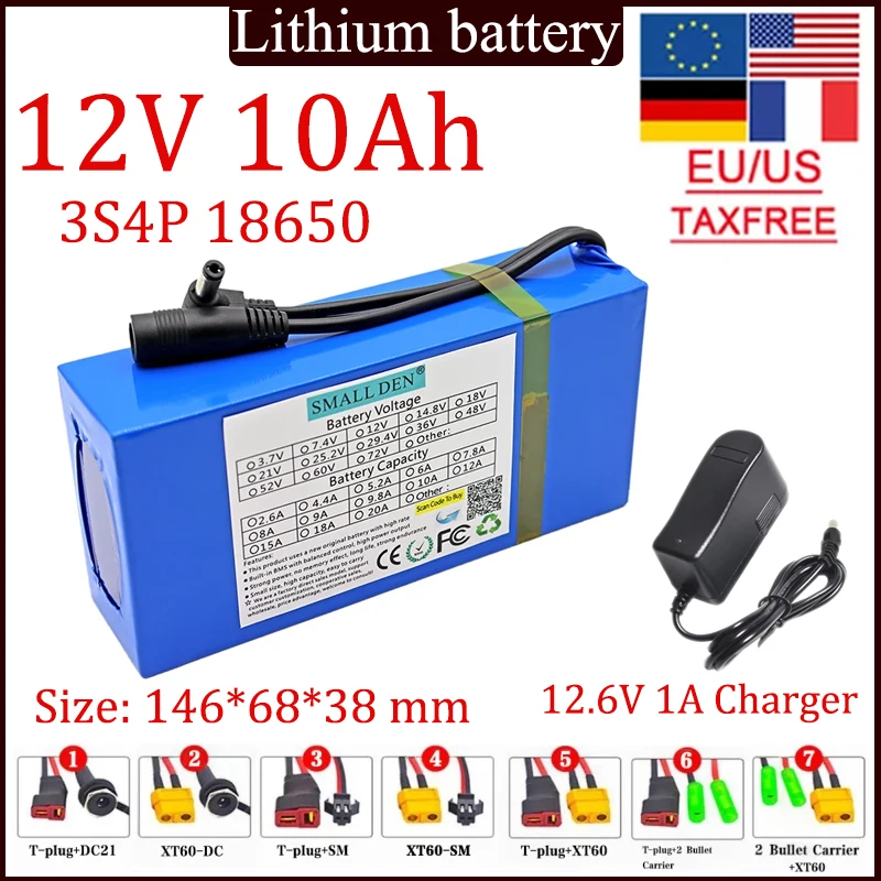 18650 3S4P12V10A lithium battery Built-in BMS 10000mah High capacity DC plug Carrying belt rechargeable battery+12.6V 1A charger