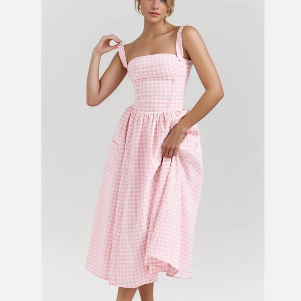 2024 Sweet Pink White Plaid Slash Collar Tank Dress Women Cross Ribbon Eyelet Hole Slim Low Waist Folds A-line Swing Midi Robe