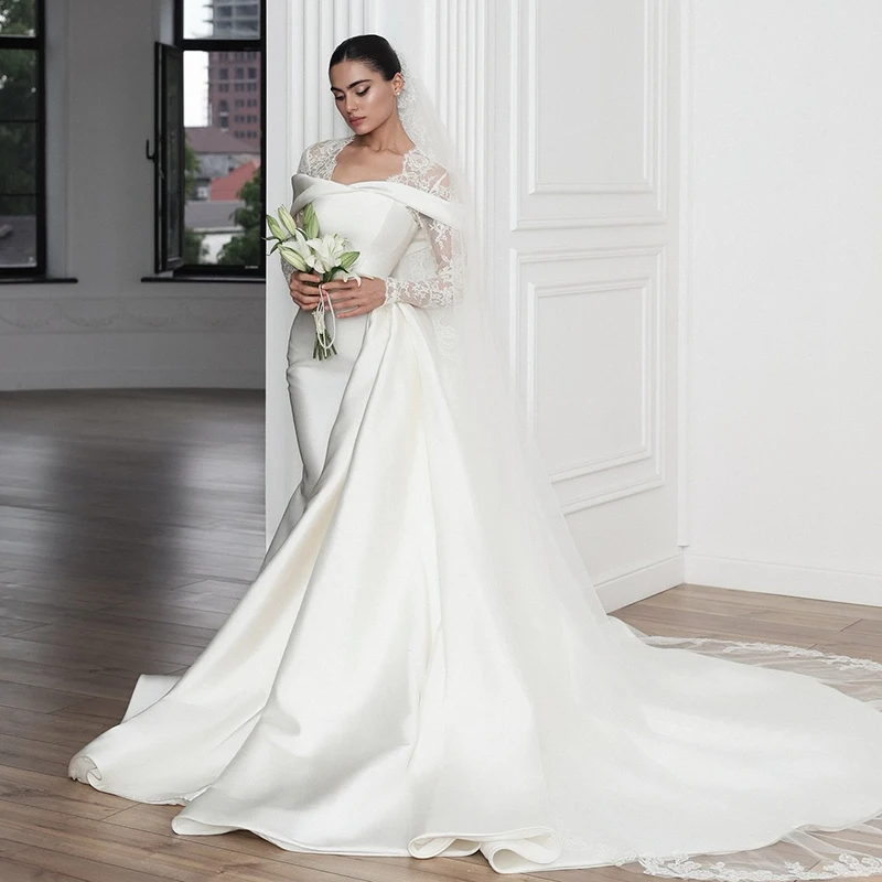 

Eightree White Mermaid Wedding Dresses Saudi Arabia Long Sleeve Lace Sweep Train Bridal Dress Women Wedding Prom Gown Customized