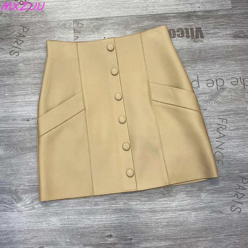 100% Leather Sexy Skirt Women High Waist Single Breasted Pocket A-line Jupe Short Mujer Sheepskin Gonne European Style Roupas