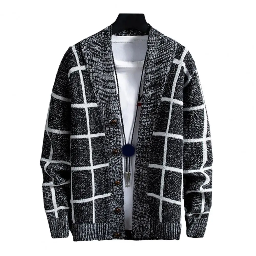 Stylish Single Breasted Cardigan Trendy Men's Plaid Cardigan Sweater Relaxed Fit Thickened Knitted Autumn Coat with for Men