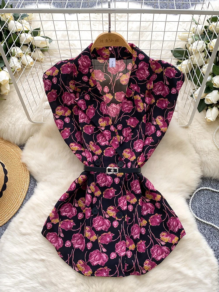 夏の女性のノッチ襟ノースリーブプリントシャツ新しいファッショナブルな通勤多用途休暇シフォンブラウストップ C295