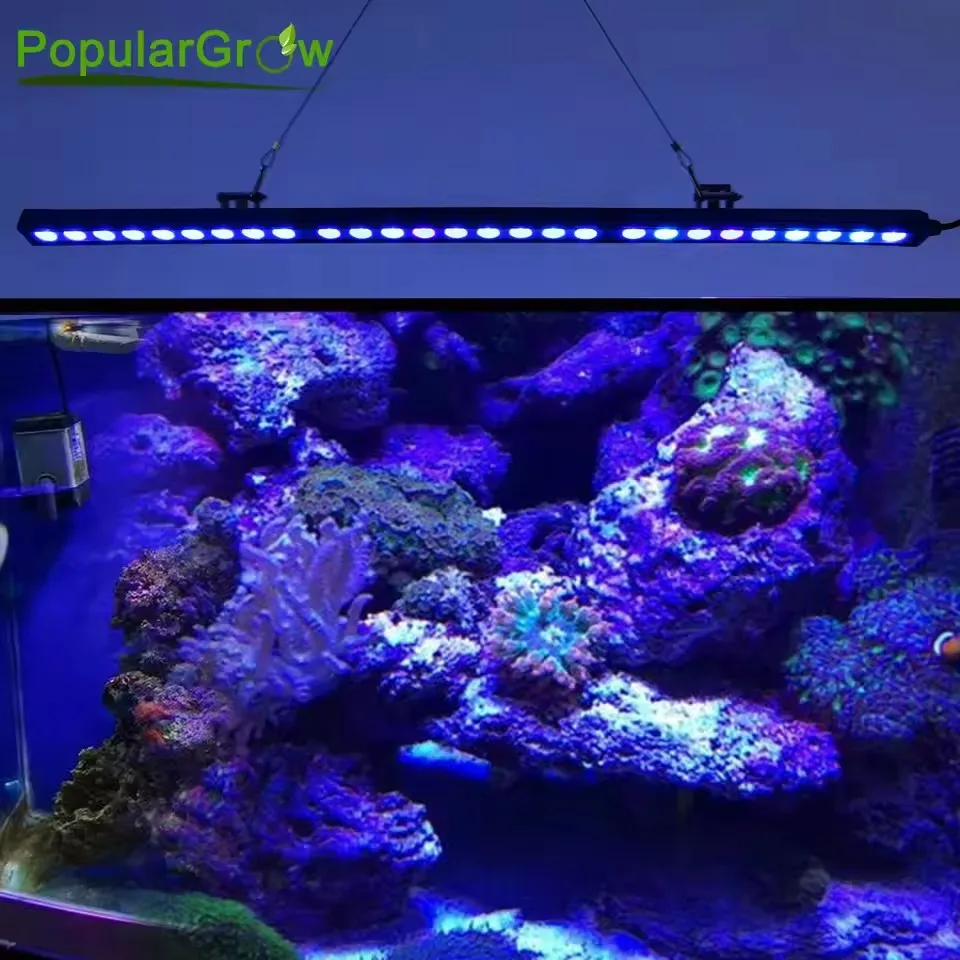 POPULARGROW Ściemnialna lampa LED do akwarium 115 cm z wszystkimi diodami LED o długości fali 470 nm, niebieskie spektrum, 108 W, taśma LED do akwarium z rafą koralową.