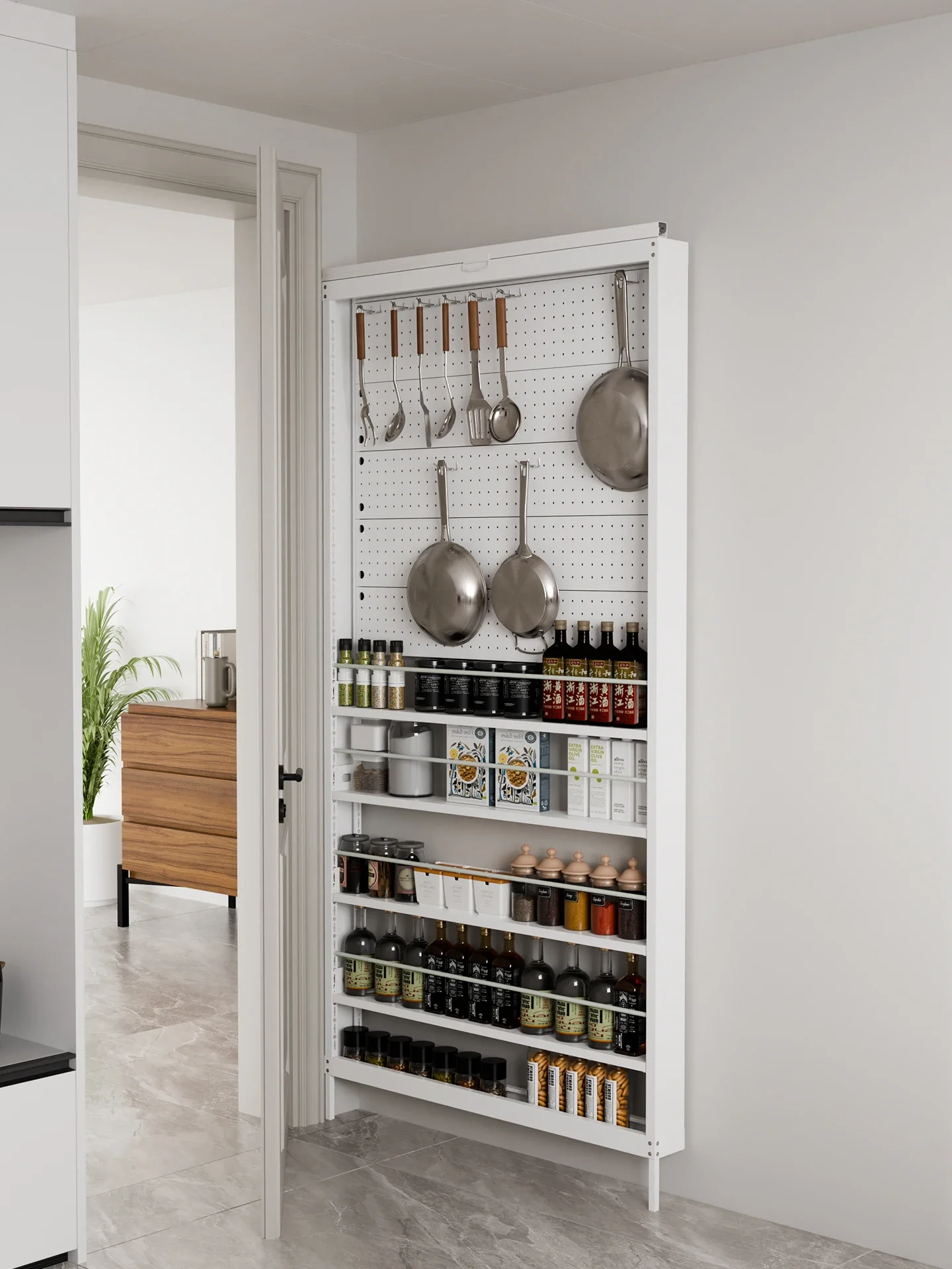 Ultra-thin metal dust curtain hole board shelf floor-to-ceiling integrated wall extremely narrow storage rack