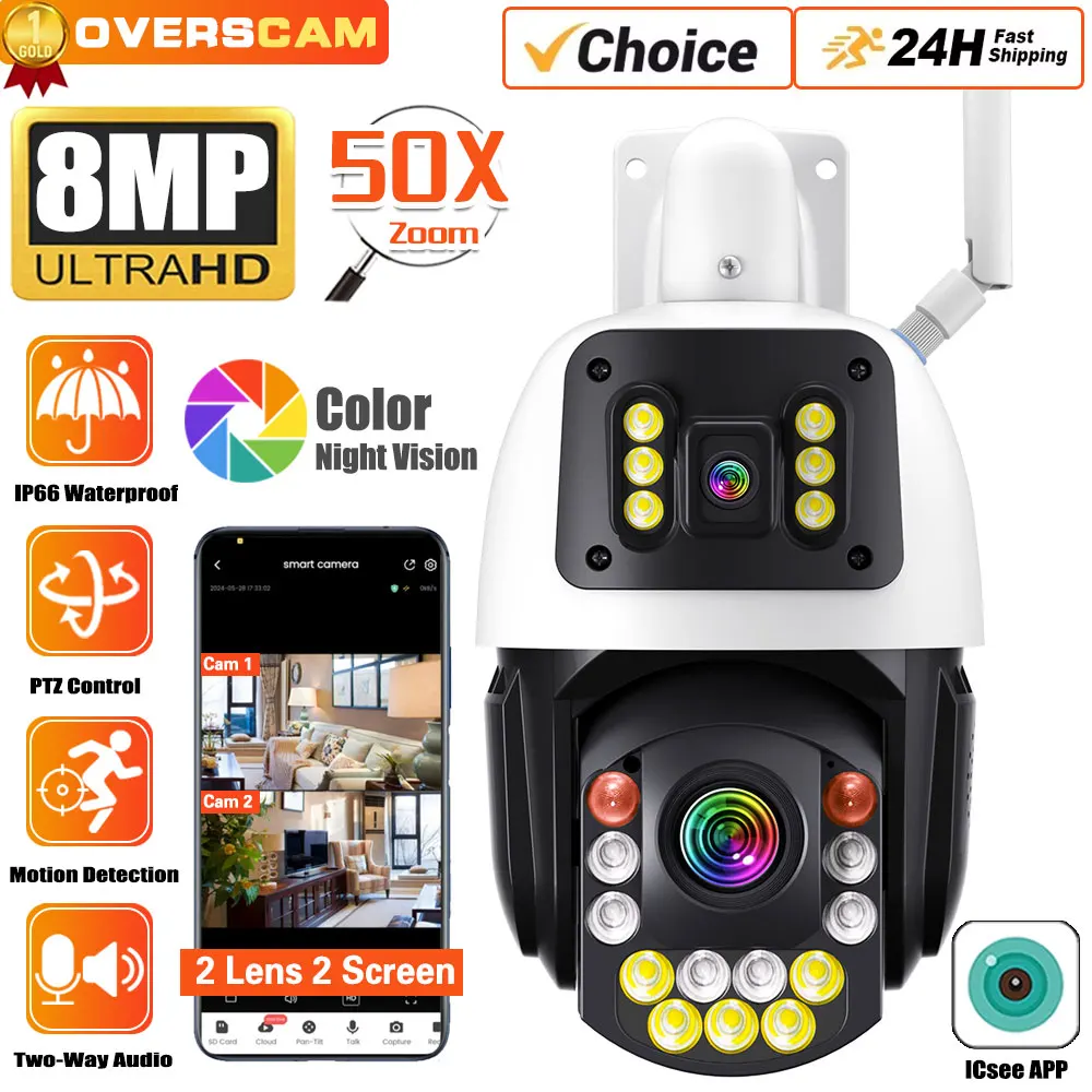 

4K 8MP Dual Screen Dual Lens Wifi Surveillance Camera 50X Zoom Humanoid Detection Color Night Vision Outdoor PTZ Security iCSee