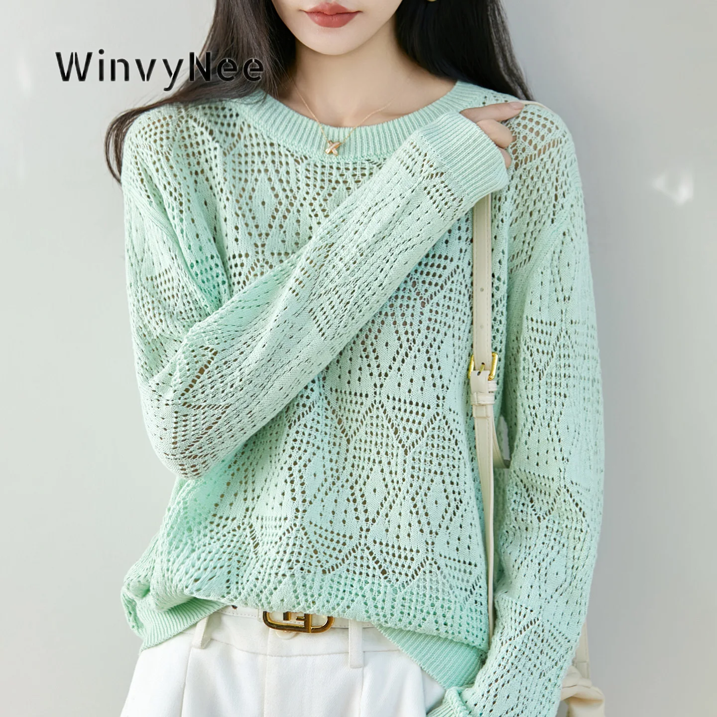 WinvyNee Women Jumper 100% Cotton Round Neck Crochet Knit Top Oversized Silhouette Vacation Breathable Casual Apparel  ZA1092033