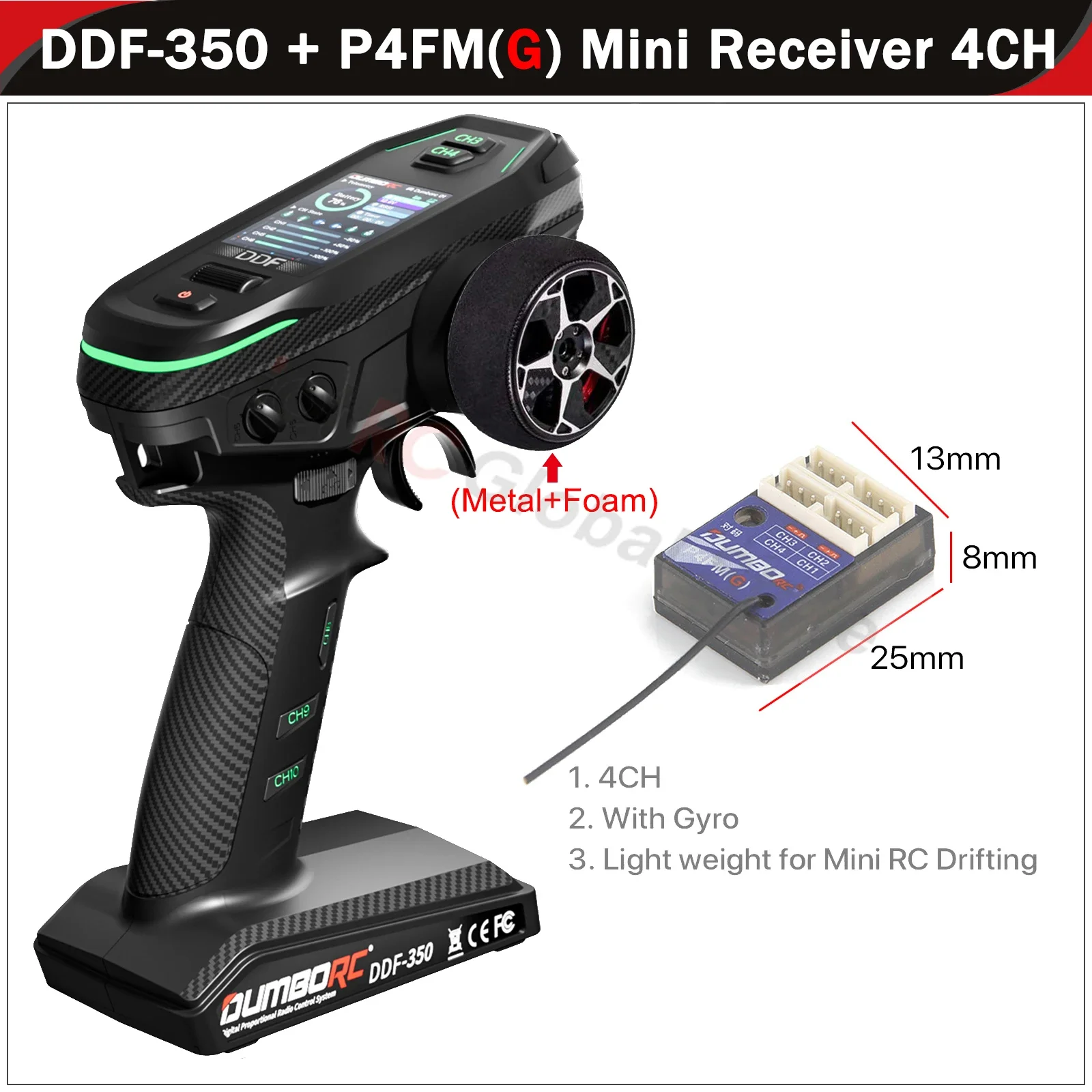 DUMBORC DDF-350 10CH 10-kanaals zender P6F P6DCG Gyro-ontvanger Metalen handwiel afstandsbediening voor RC auto vliegtuig boot