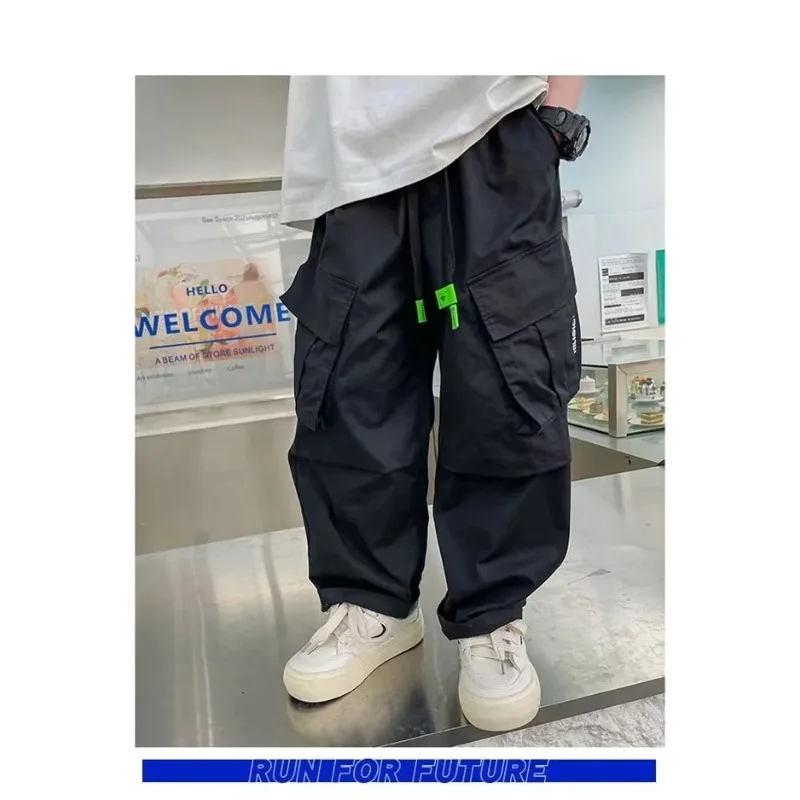 4-14 Jahre Jungen Casual Latzhose UNITIM Herbst Kinder Jungen Cargo-Hose Lose Elastische Taille Junior Jungen Hose mit Schriftzug Kinder Jungen Hose – Detail 14