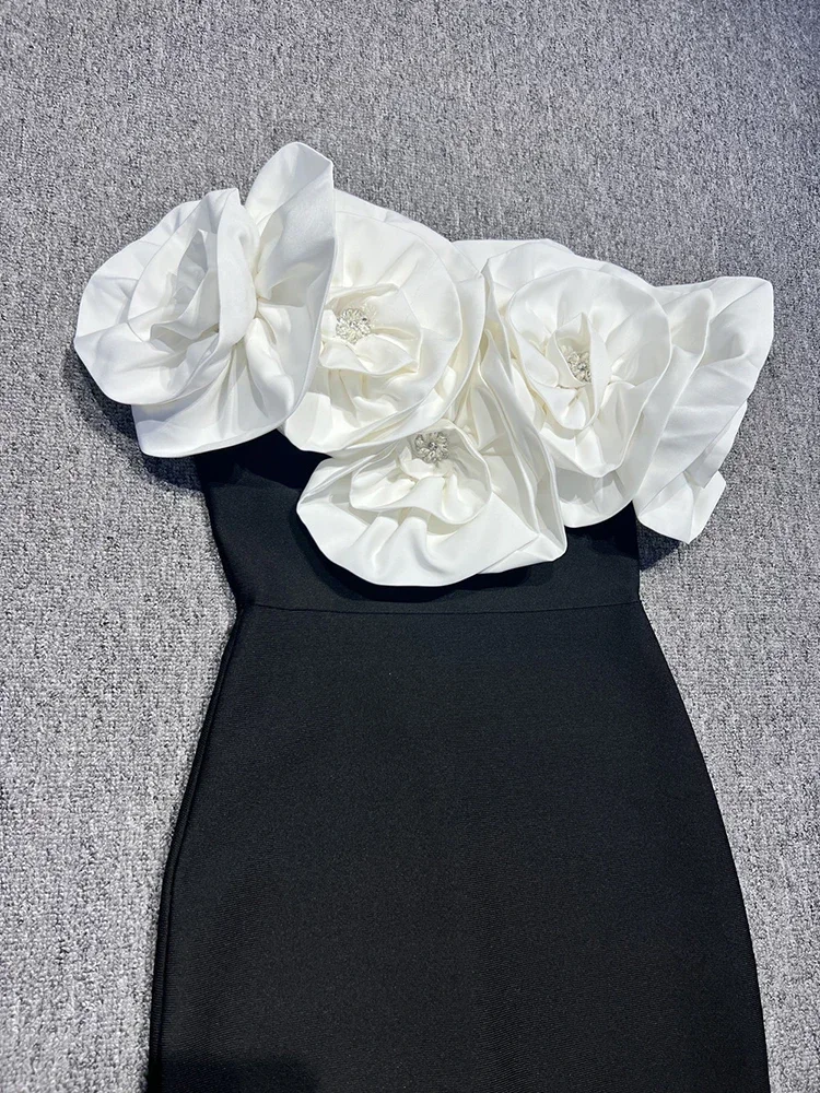 섹시한 Strapless 3D 꽃 디자인 붕대 드레스 여성 블랙 민소매 Backless Bodycon 긴 드레스 연예인 파티 이브닝 ​​가운