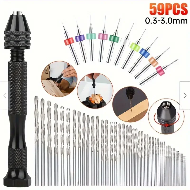 59ps Alloy Steel Pin Vise Hand Drill Bit Set Micro Twist Bits Rotary Tool for DIY Craft Carving Woodworking Plastic Jewelry Make