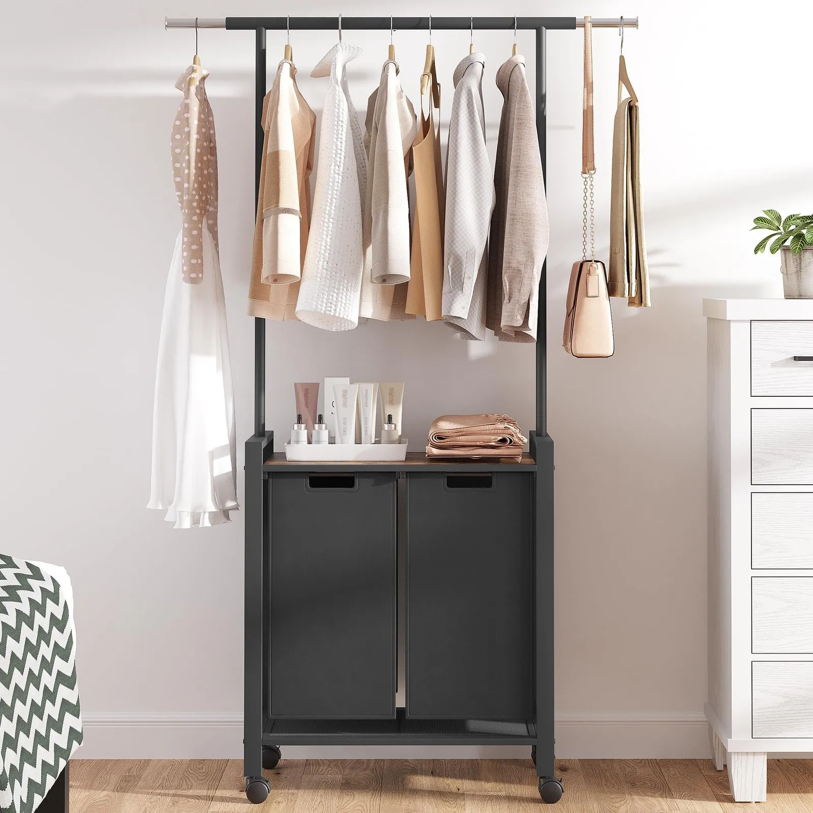 

Laundry sorting cart with hanging rack and 2-section roller laundry basket