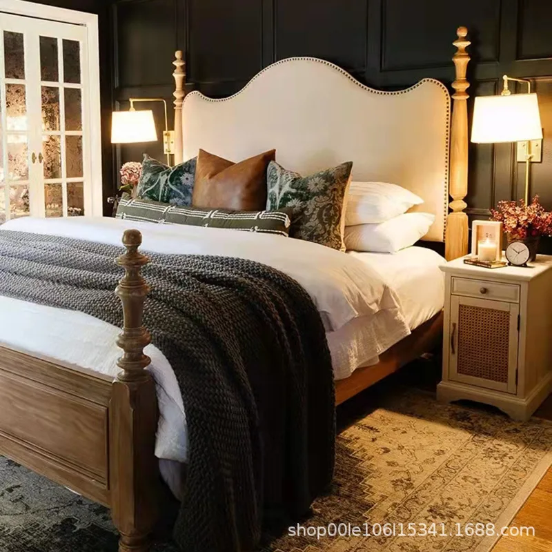 

American solid wood upholstery fabric vintage 1.51.8m bedroom hotel B&B princess double wedding bed