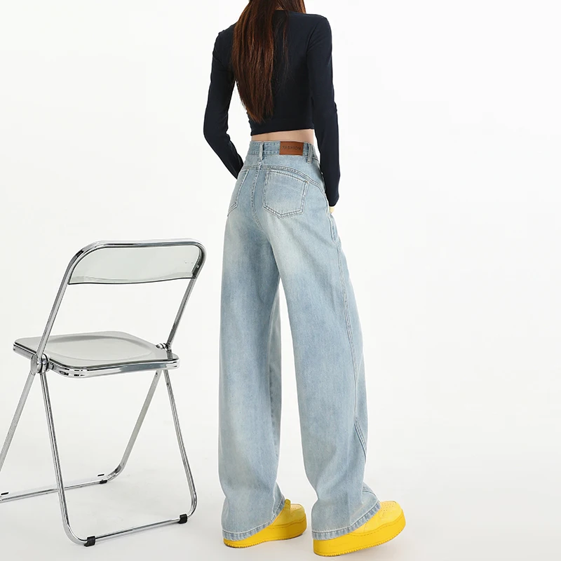Woman Jeans High Waist Wide Leg Cotton Denim Clothing Design Sense Straight Pant Fashion Comfort White Retro Blue Casual Trouser - Image 3