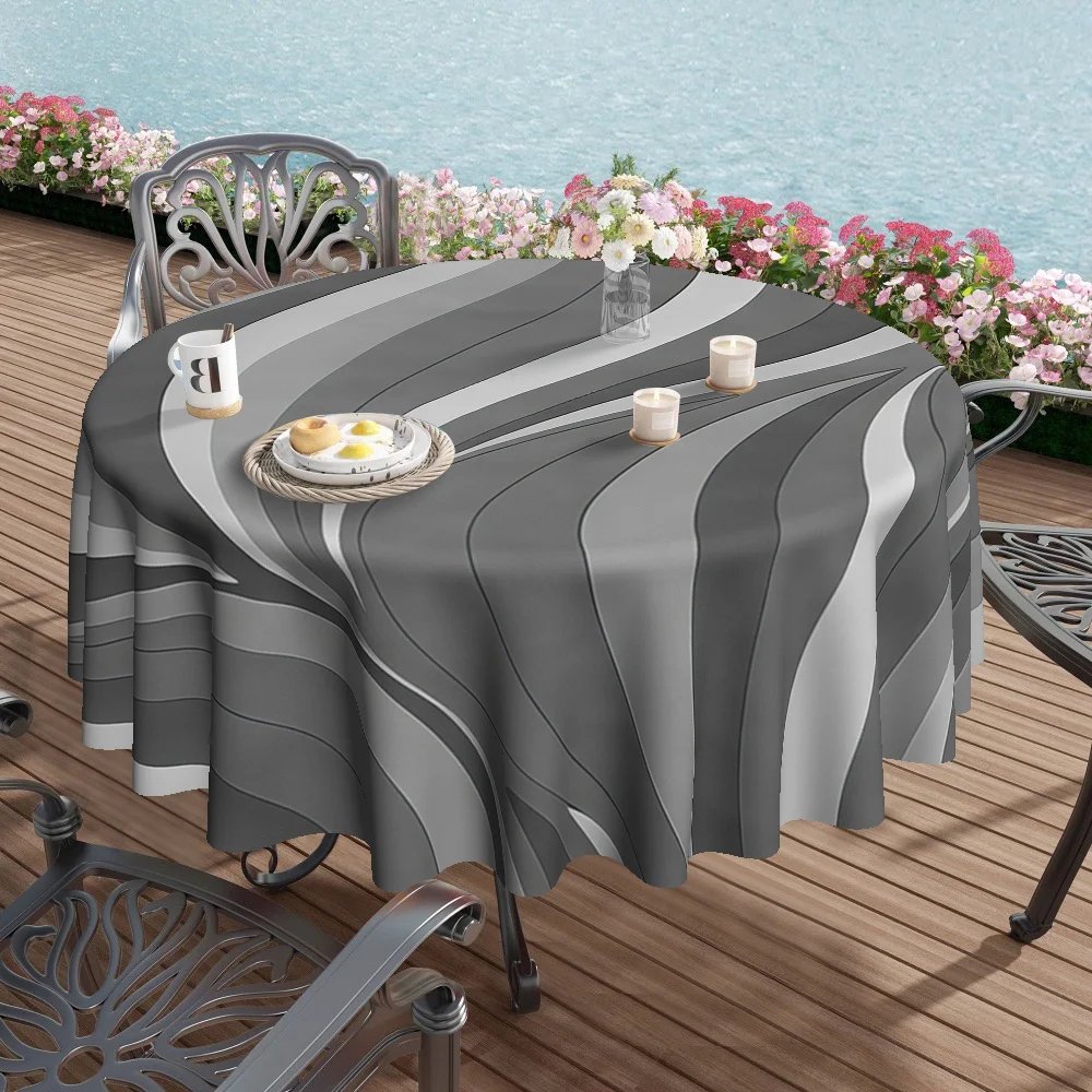 Modern streamlined grey-toned wave-patterned printed kitchen and dining room round tablecloth with diagonal polyester material