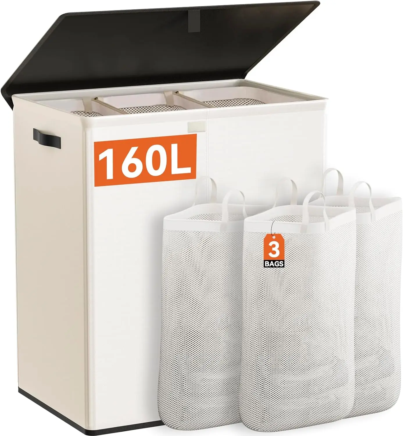 

Laundry Hamper with Lid,160L Large Laundry Basket 3 Section with Removable Washing Bags,Collapsible Waterproof Dirty Clothes Ham