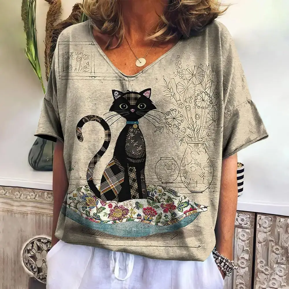 Maglietta da donna pittura Cat Print abbigliamento scollo a v manica corta Streetwear oversize Daily Casual Basics top Tee Shirt