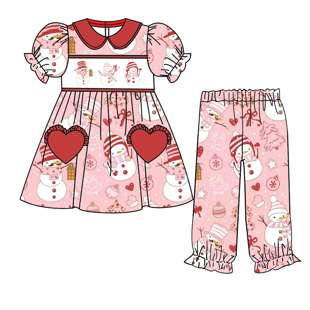 

New Style Christmas Girls Pajamas Set Puff Sleeve Lapel Pants Set Cute Snowman Pattern Milk Silk Fabric