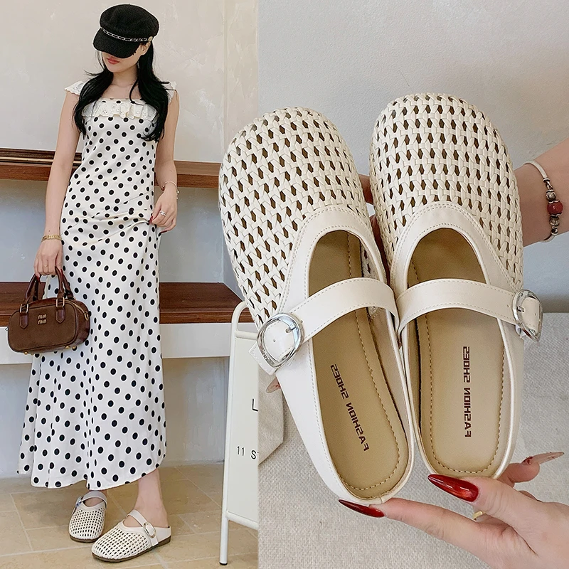 

Summer New Closed Toe Braided Slippers Half Slip On Fashion Outdoor Shoes